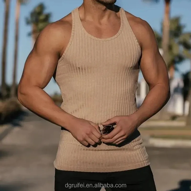 Summer streetwear custom printed high quality sustainable quare collar muscle fit 100% organic cotton ribbed tank top for men