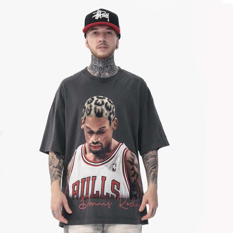 European and American vintage washed and distressed big bug Rodman printed short sleeve t-shirt