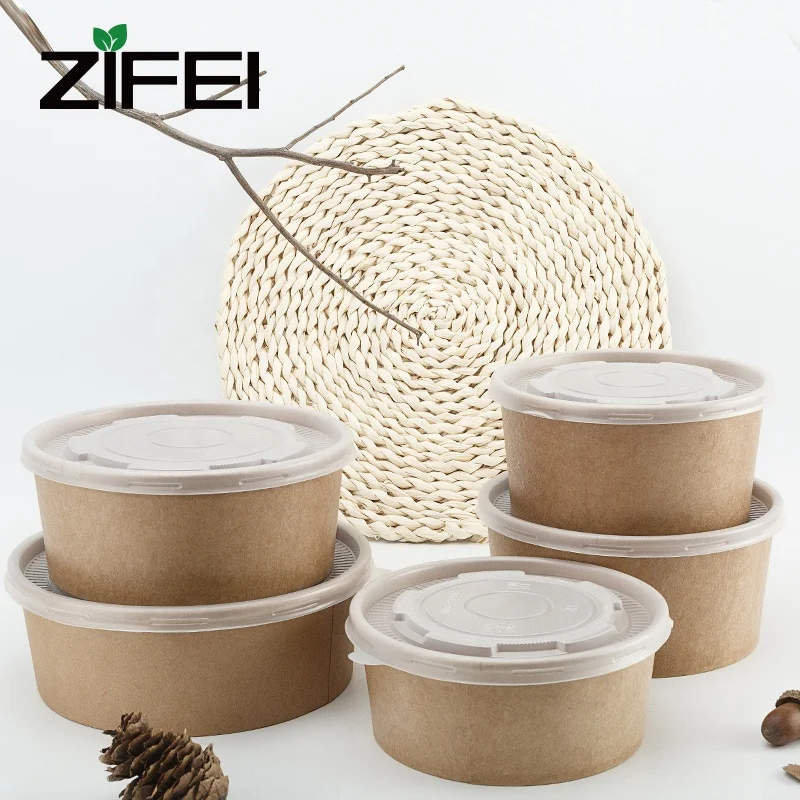 
Food grade Biodegradable Packaging Disposable Soup Kraft Paper Bowl with lid for rice ,noddle and soup bowl 