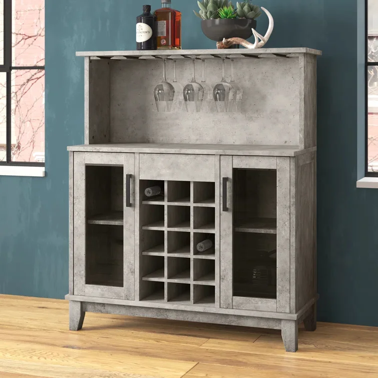 Farmhouse Rustic Wine Cabinet Coffee Station Microwave Wooden Bar Cabinet with Wine Rack and Glass Cup Holder Hunch
