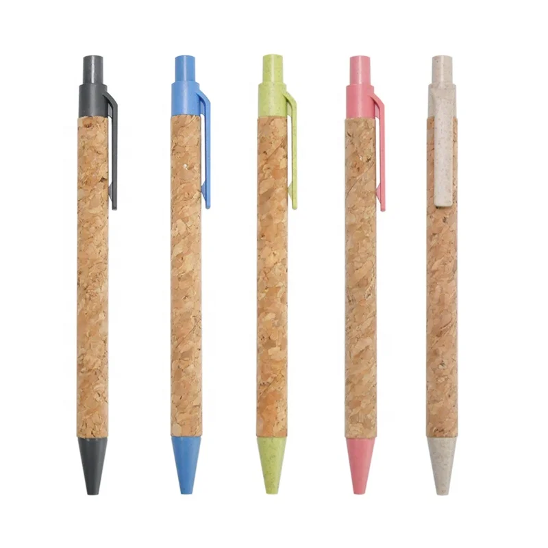 Eco Friendly Click Action Cork Barrel Wheat Straw Clip Ballpoint Pen