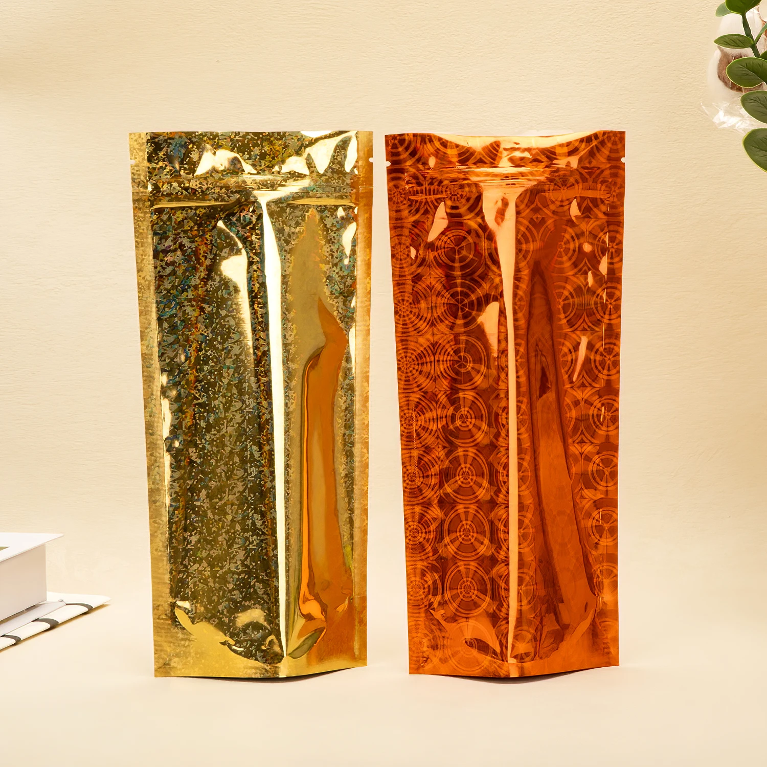 Custom Printed Holographic Stand up Tea Pouches Food Grade Mylar Zipper Packaging Bags with Laser Hologram