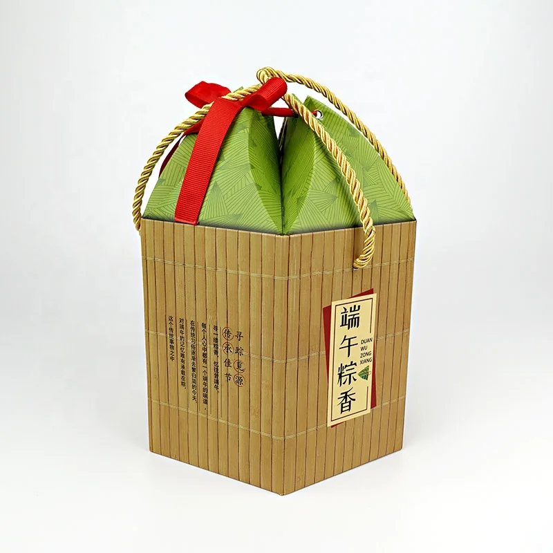 Custom Corrugated paper gift box for Chinese traditional festival Dragon Boat Festival zongzi  with handle and ribbon