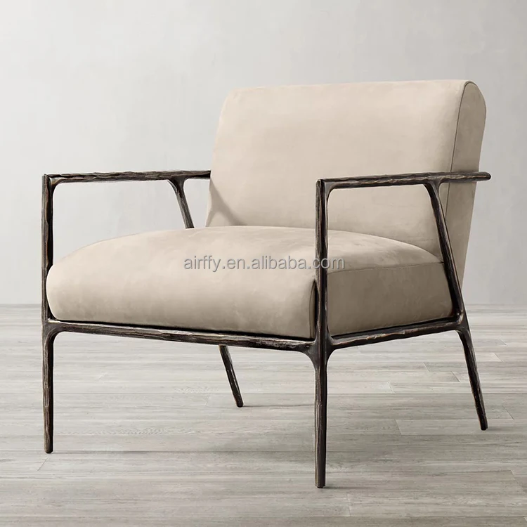 AIRFFY OEM/ODM Thaddeus Vintage Design Nordic  Metal Base Dining Chair Lounge Single Fabric Armchair Metal  Leisure Accent Chair