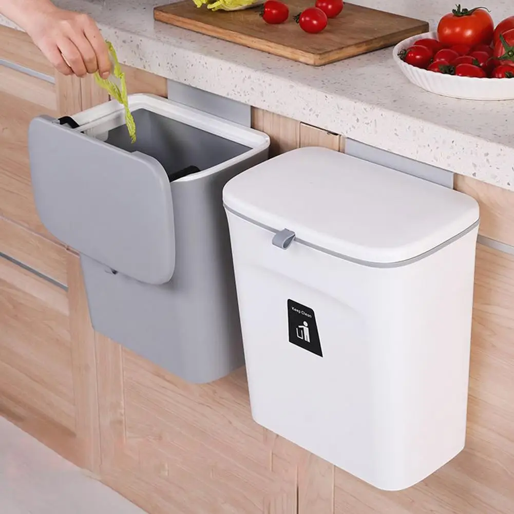 
7l / 9l Kitchen Garbage Can Plastic Trash Bin Cabinet Door Hanging Wall Mounted Trash Bin Garbage With Lid 