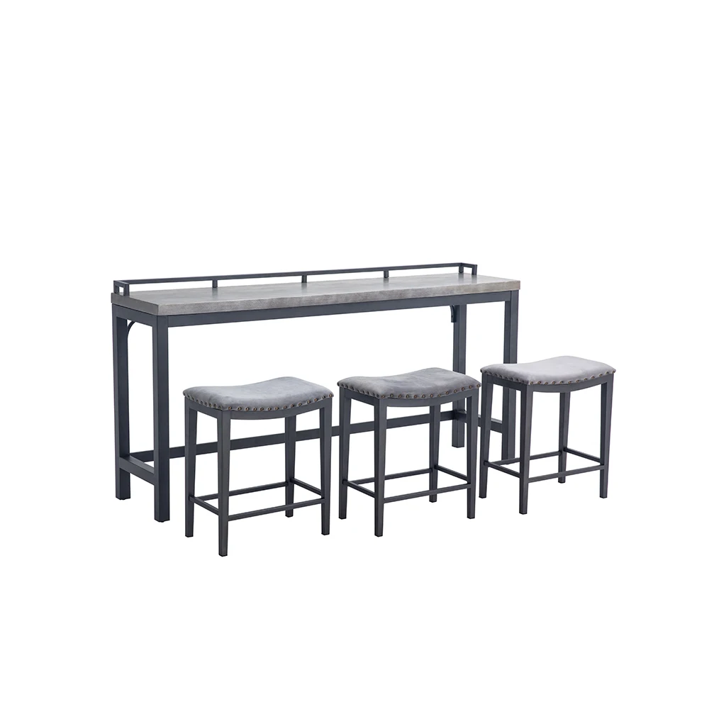 
4pcs counter height black metal grey wooden 3 stools sofa back bar table set 