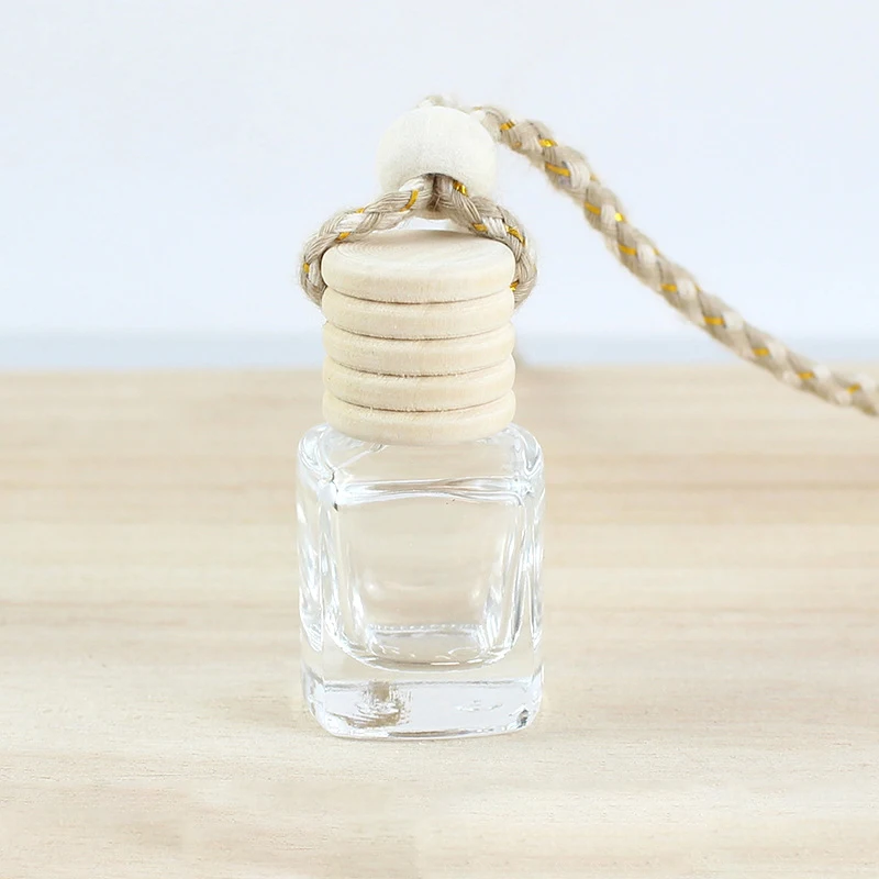 6ml Empty Fashion Clear Mini Refillable Square Wooden Cap Hanging Car Perfume Air Fresheners Bottle