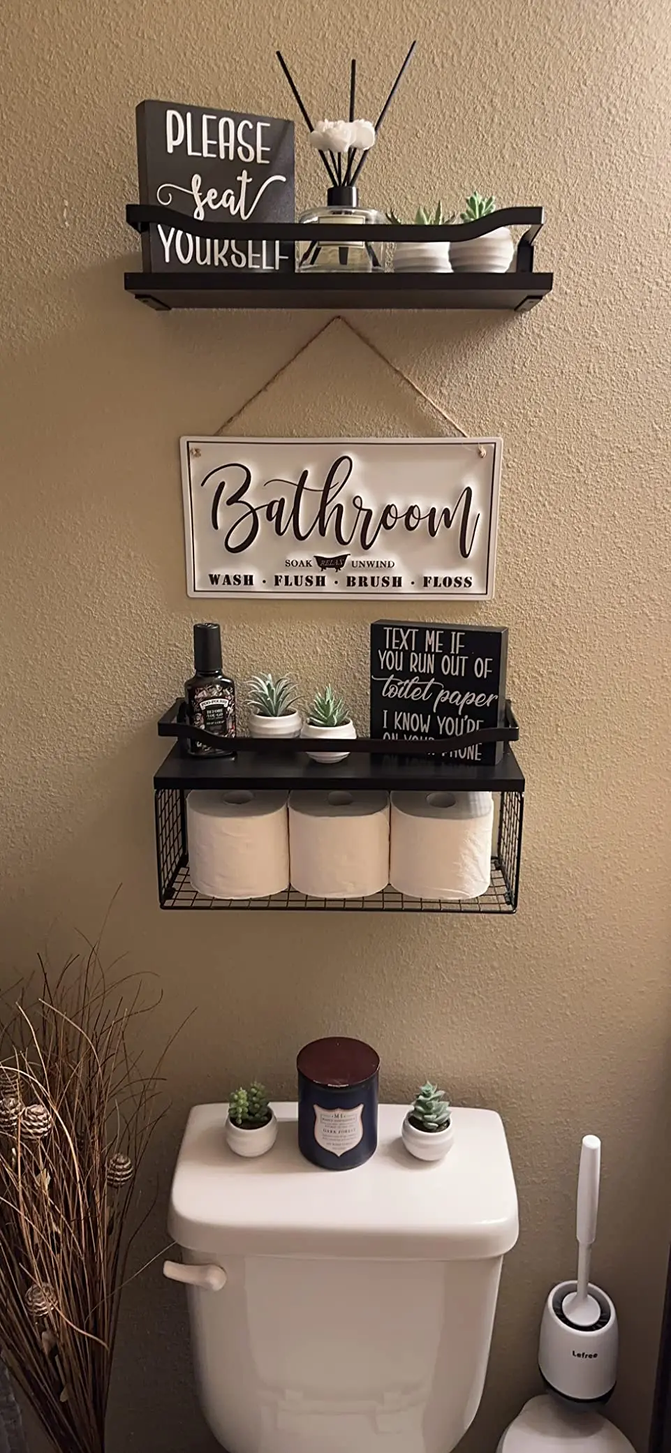 Wire Storage Basket Floating Shelves Wood  bathroom Wall Shelves