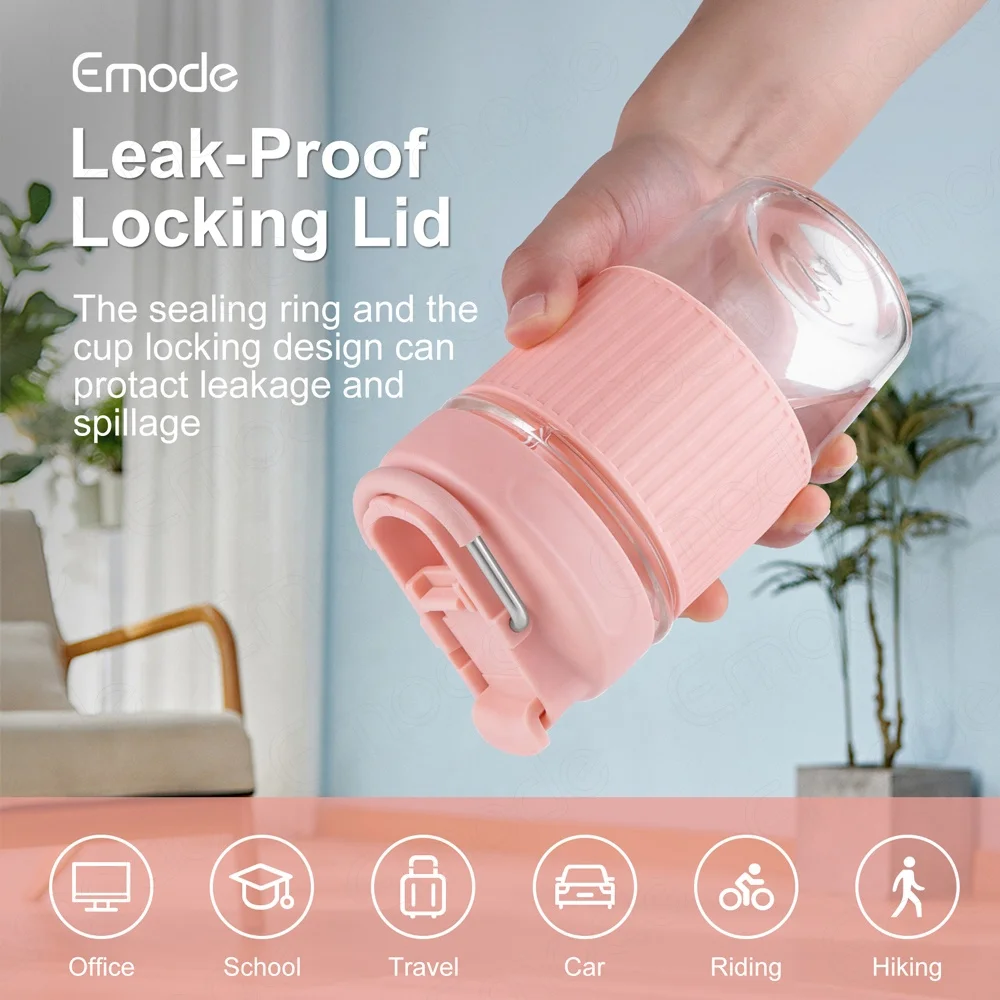 Emode 12oz Glass Cup with Lock Handle Lid Nonslip Sleeve Reusable Drinking Glass Thick Insulated Glass Cup,Smoothie Tumbler