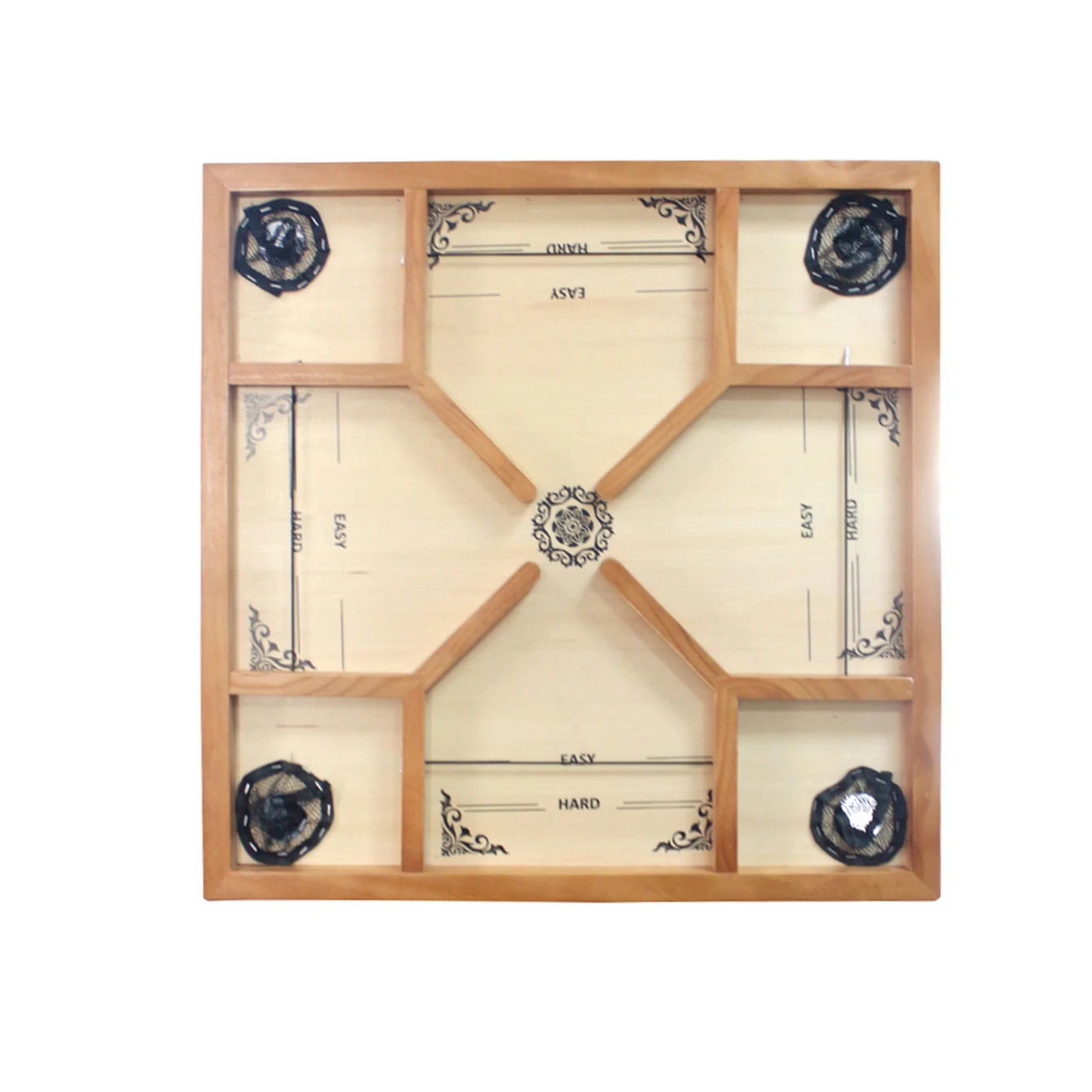 Wooden Carrom and Sling Puck in One Board 4-player game 26 x 26 Inch Strike and Pocket Game with Cue Sticks