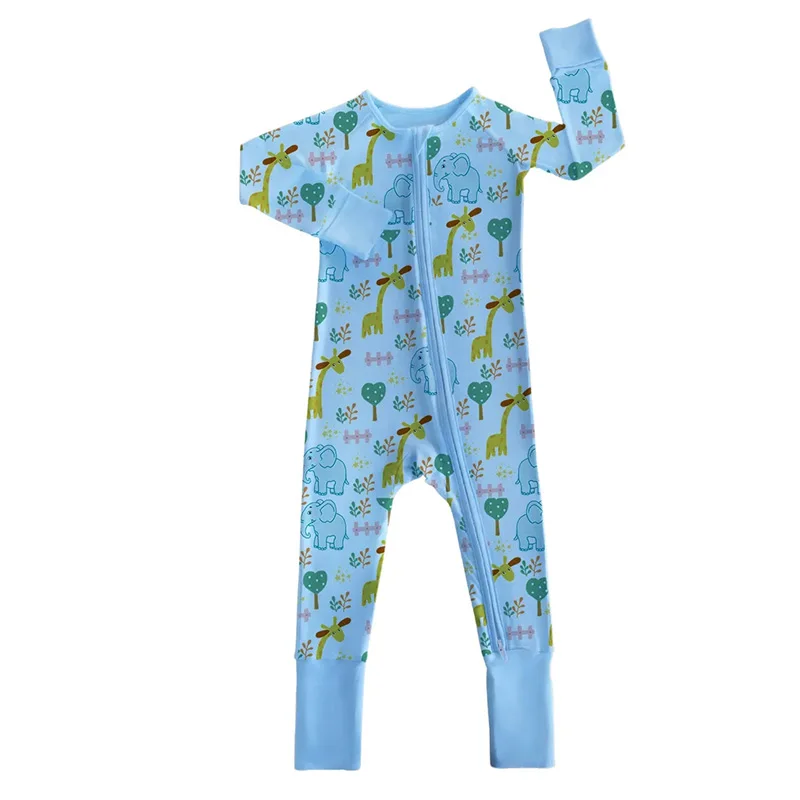 Custom Soft Infant Bamboo Clothing Print Zipper Baby Bamboo Romper Organic Fabric Viscose Pajamas Baby Clothes Wholesale