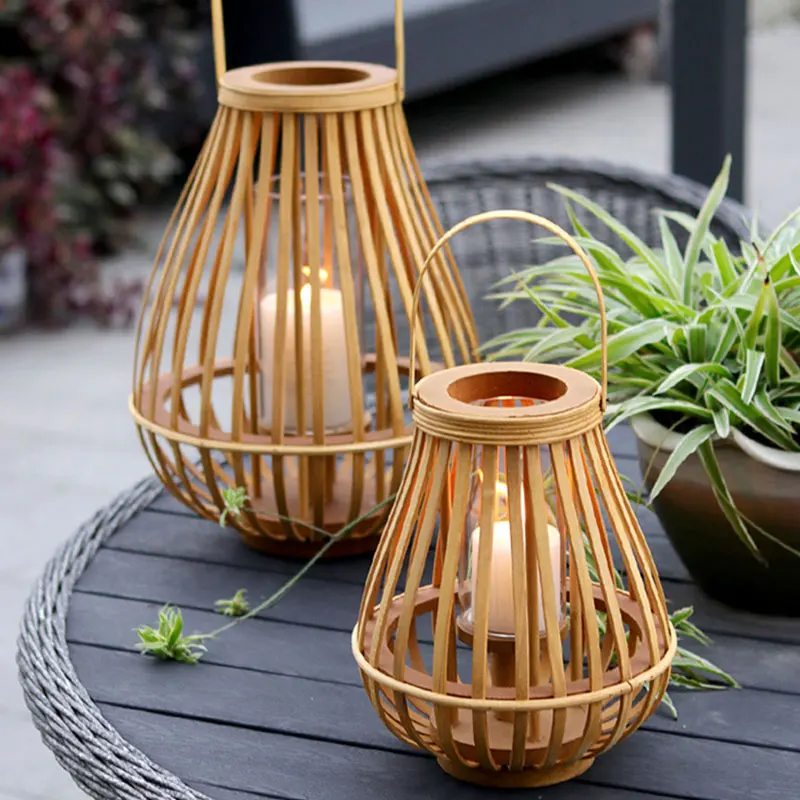 2023 Hotsale New bamboo lanterns decorative windproof candle lamp ornaments home stay wind log rattan floor lantern candle