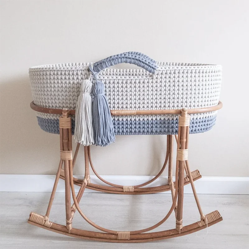 Nuohui Foldable crochet baby changing basket Handle for Newborn Nursery Moses Baskets Diaper Changing With Mattress