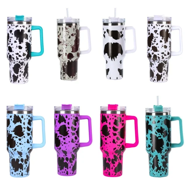 Cow Print 40oz Mug Insulated Stainless Steel Tumbler Reusable Home Office Coffee Bottle With Handle Straw Creative Gift
