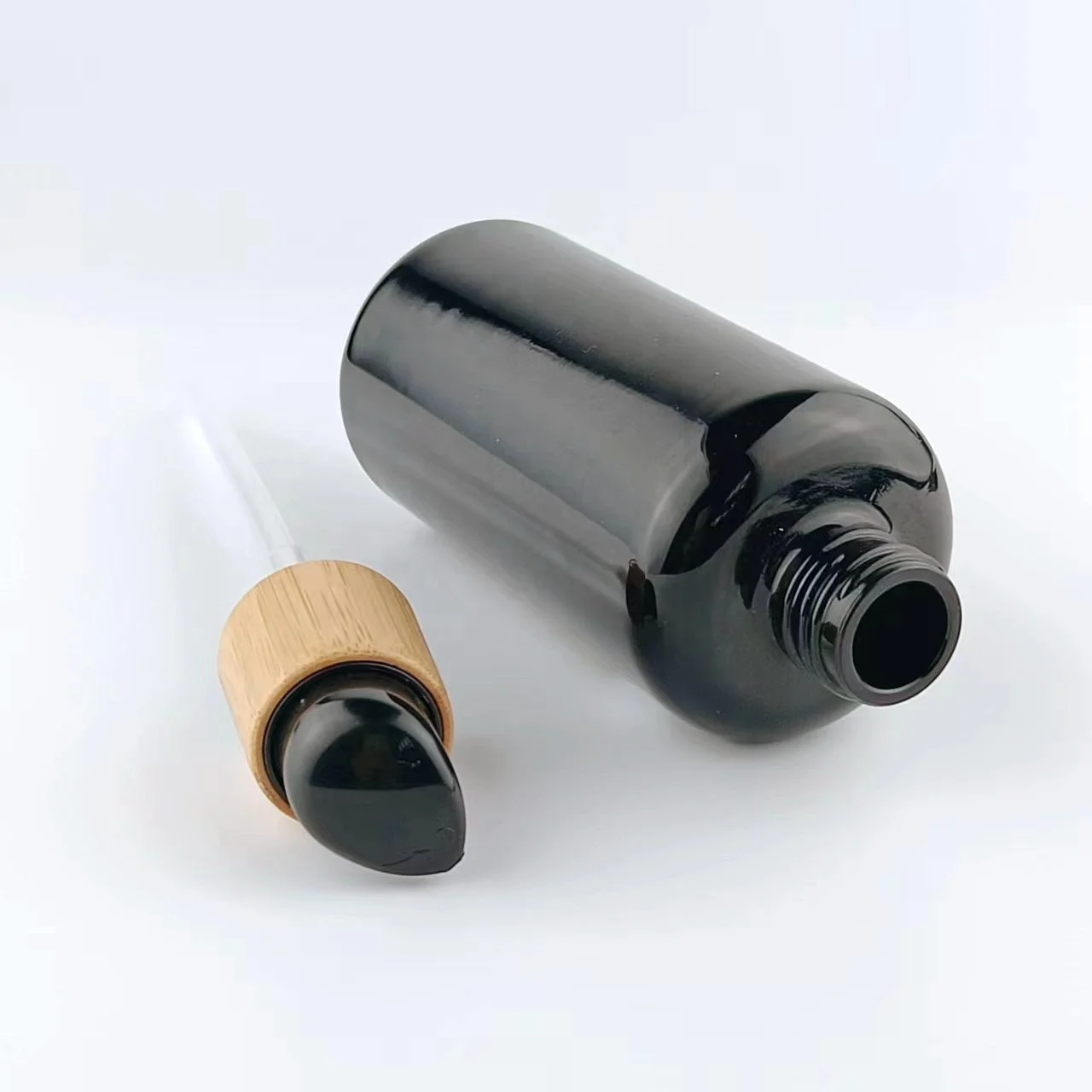 200ml glass bottles with bamboo pump empty cosmetic packaging black glass bottle body milk bottle with lotion pump