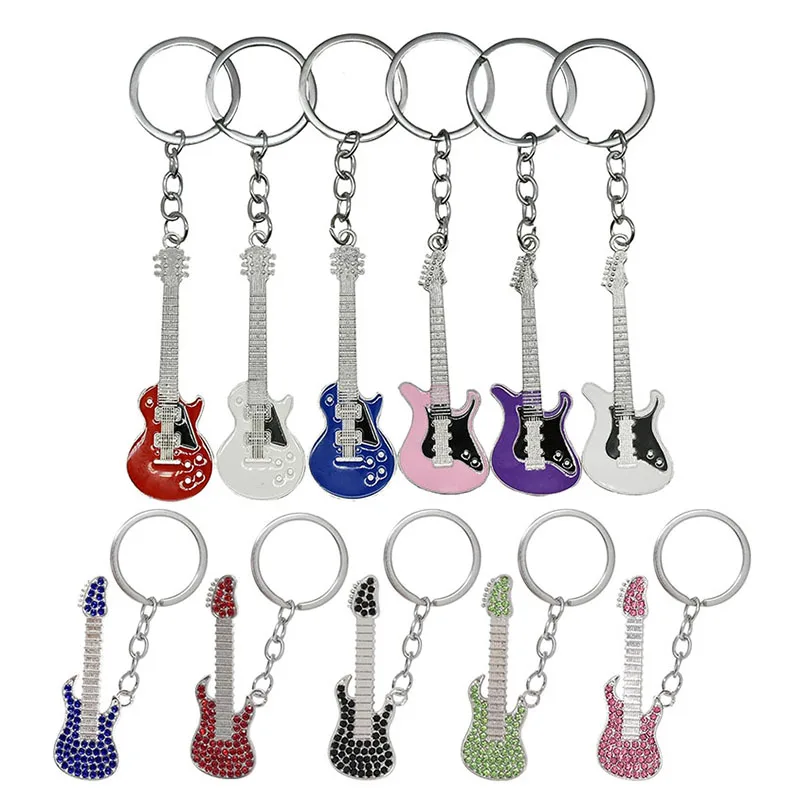 Rhinestone Guitar Keychain Cute Mini Keyring Electric Guitar Key Holder Instrument Keychains For Musical Pendant Music Lovers