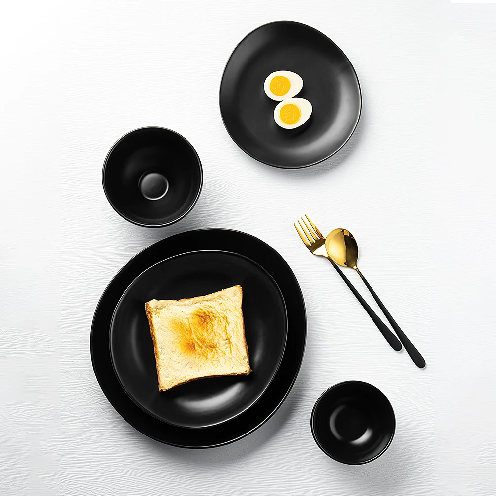 Wholesale custom logo heat resistant ceramic stoneware plates black matt restaurant dinner plates