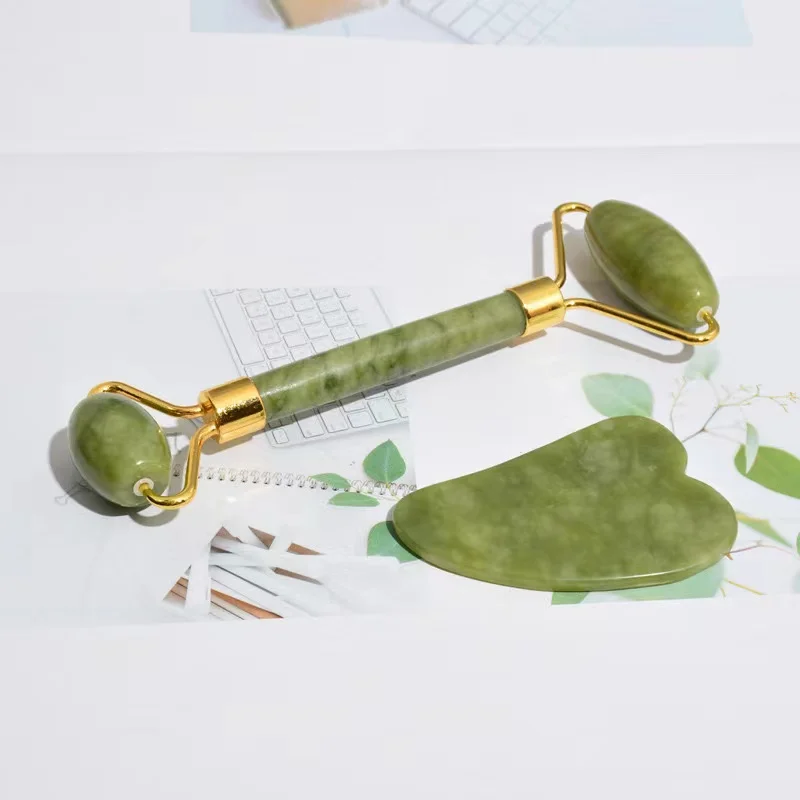 New green Skin Massager Natural Xiuyan Jade roller Custom Facial Green For Face Roller Jade with box