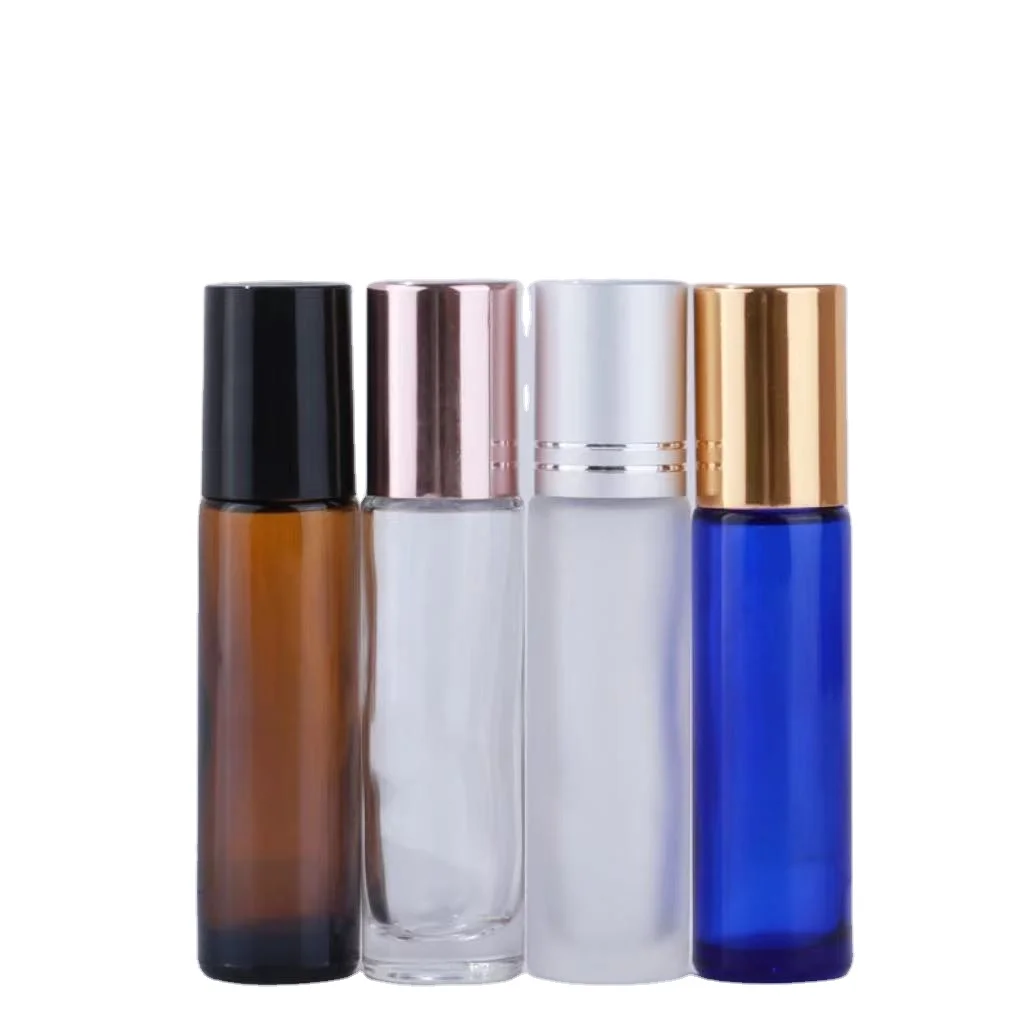 5ml 10ml 15ml frosted clear amber blue transparent roll on glass bottle with plastic glass metal roller balls