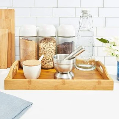 Accepted custom logo and color unfinished wooden serving tray  with handles that can be used for family kitchen for place food