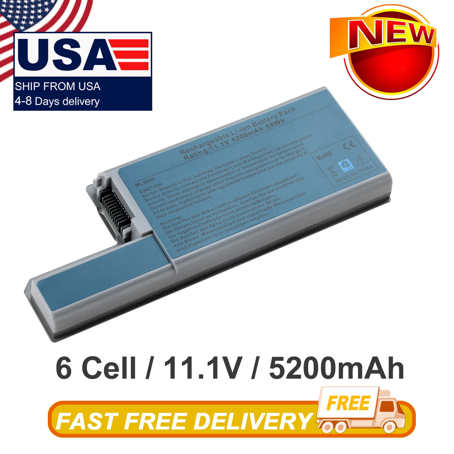 5200 mAh 6 Cells Rechargeable LI-ION Battery Pack D820 for Dell laptop batteries
