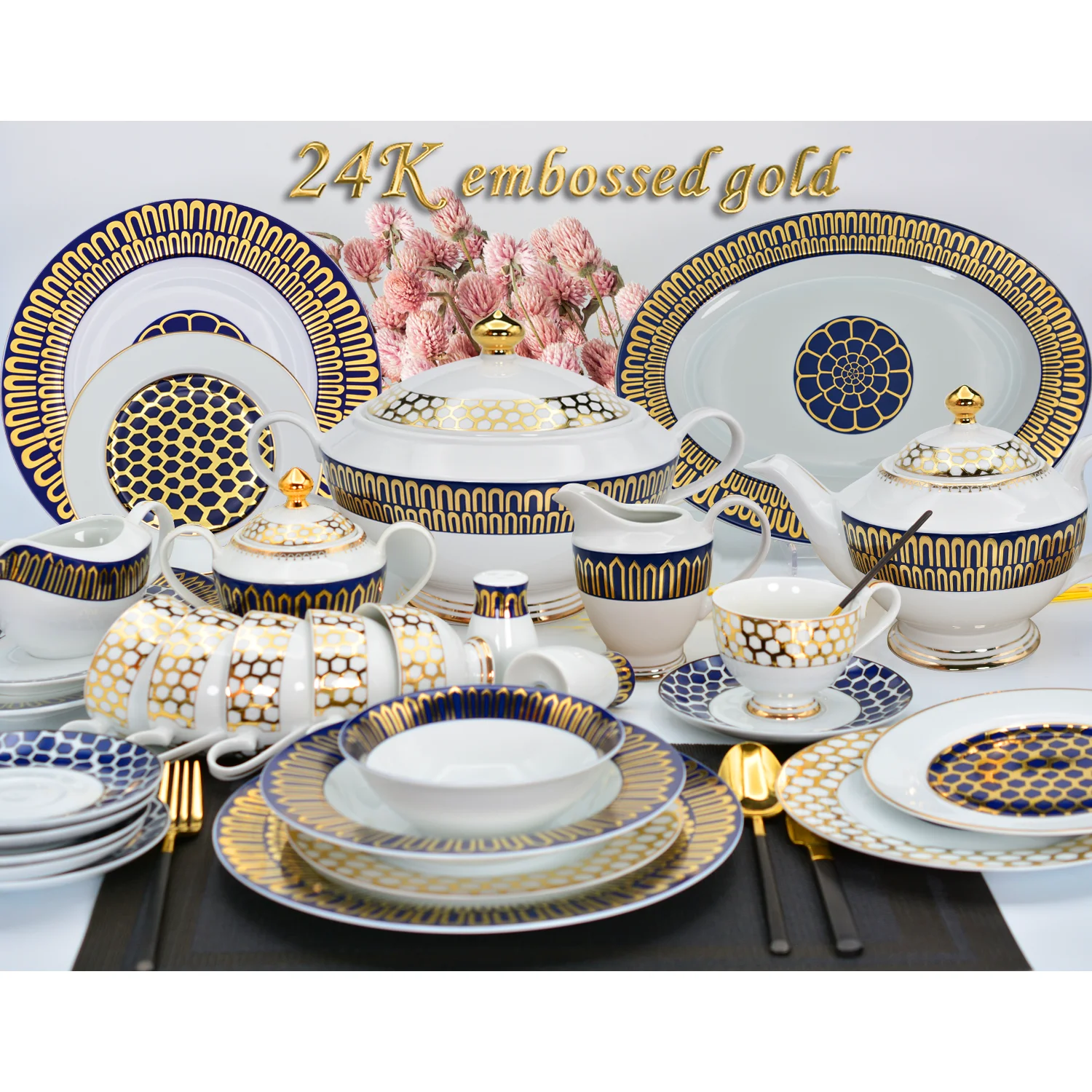 Famous Brand Same Design Modern Luxury Porcelain High Dinner Dinner Set with 24k Pure Gold Decoration
