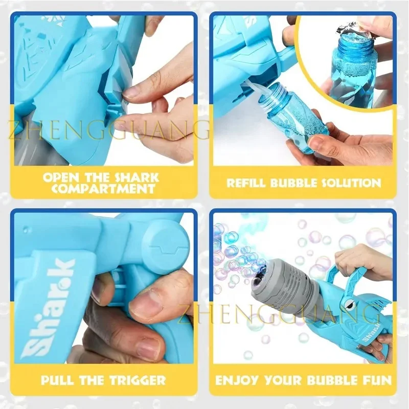 Zhengguang Toys Electric Shark Gatling Automatic Bubble Maker Machine for Kids Party Favors Bubble Solutions Blaster Toy Gun