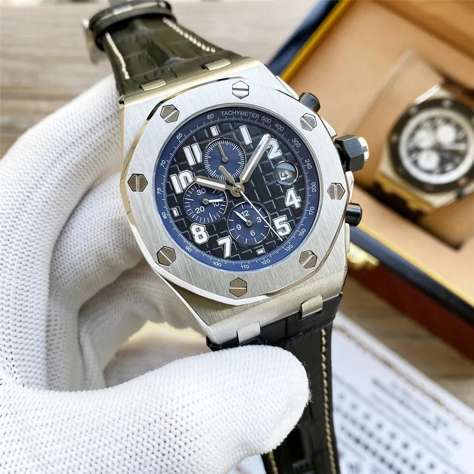 Custom logo Oak 3126 movement Genuine Leather Band silver case blue grid dial luminous luxury waterproof sport watch
