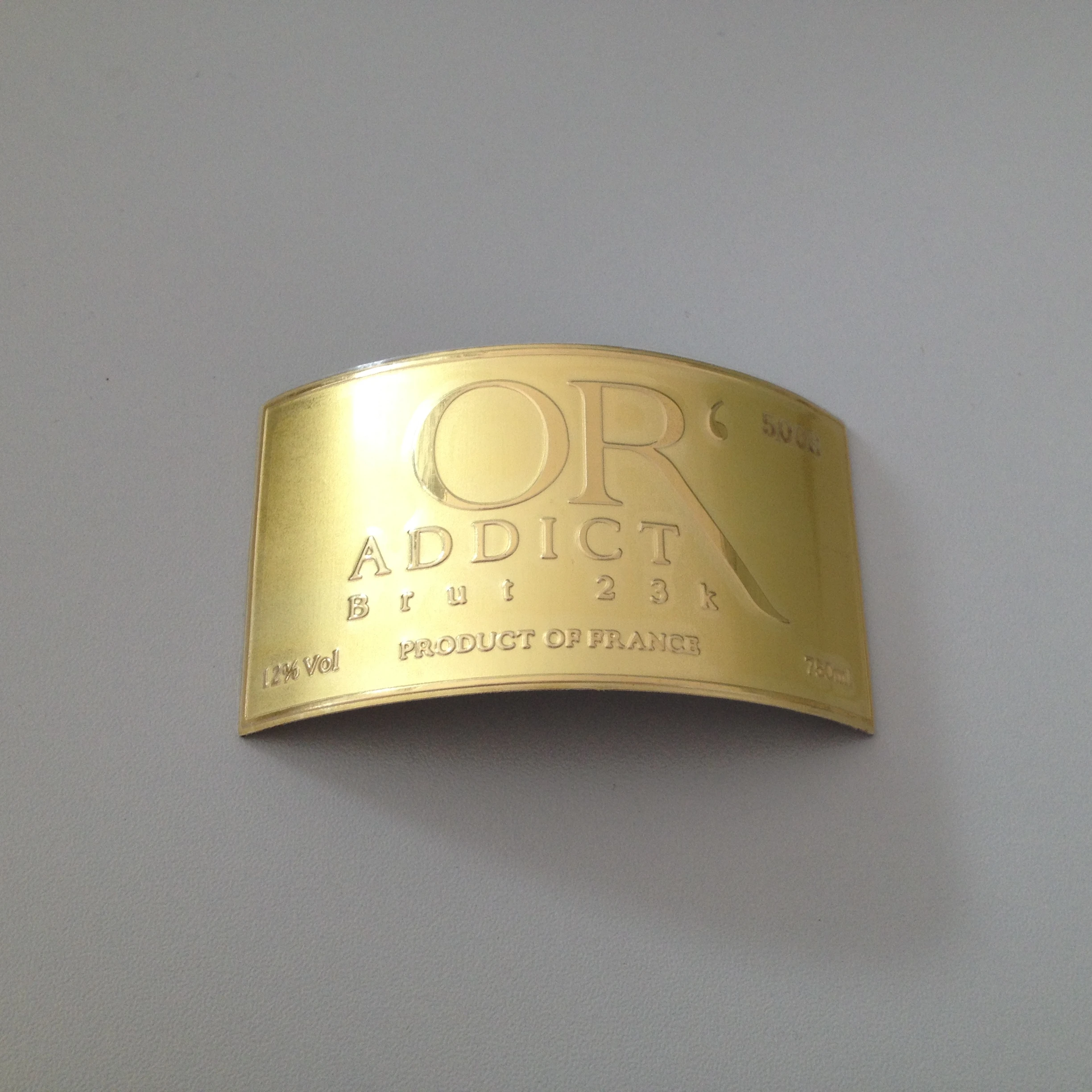 Wenzhou Factory self adhesive Bright Gold Embossed Curved Aluminum metal stickers Liquor wine Bottle Label aluminum labels