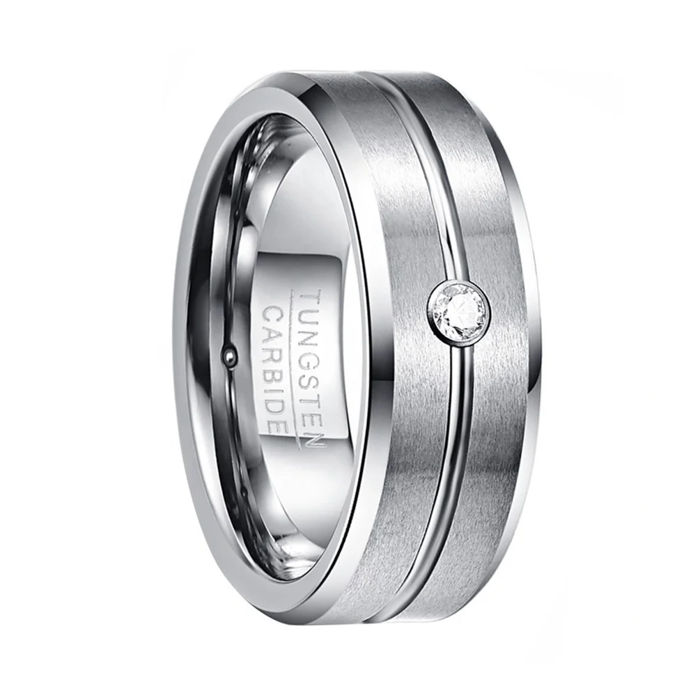 Alin Brushed Tungsten Carbide Rings Tungsten Wedding Bands Silver Polished Beveled Edge Grooved CZ Stone Inlay