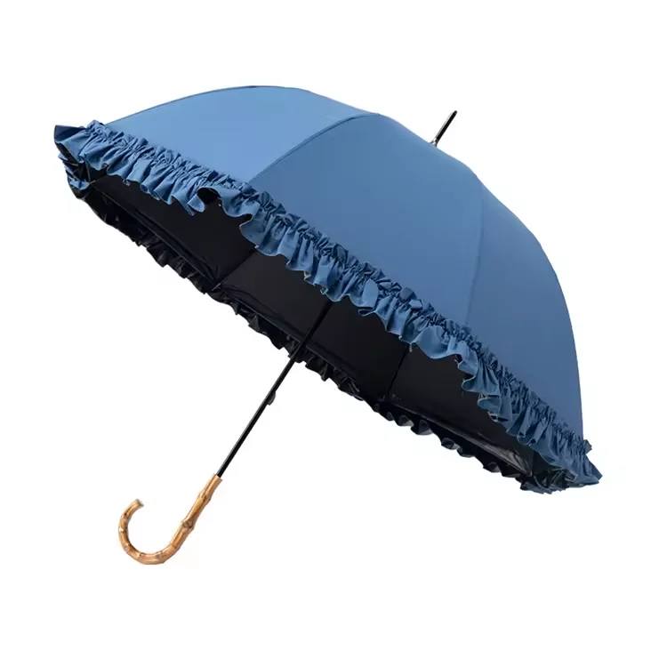 Straight Umbrella Mix Colors UV Trimming Decoration Wood J Shape Handle Rain Gear Black Coat Umbrella