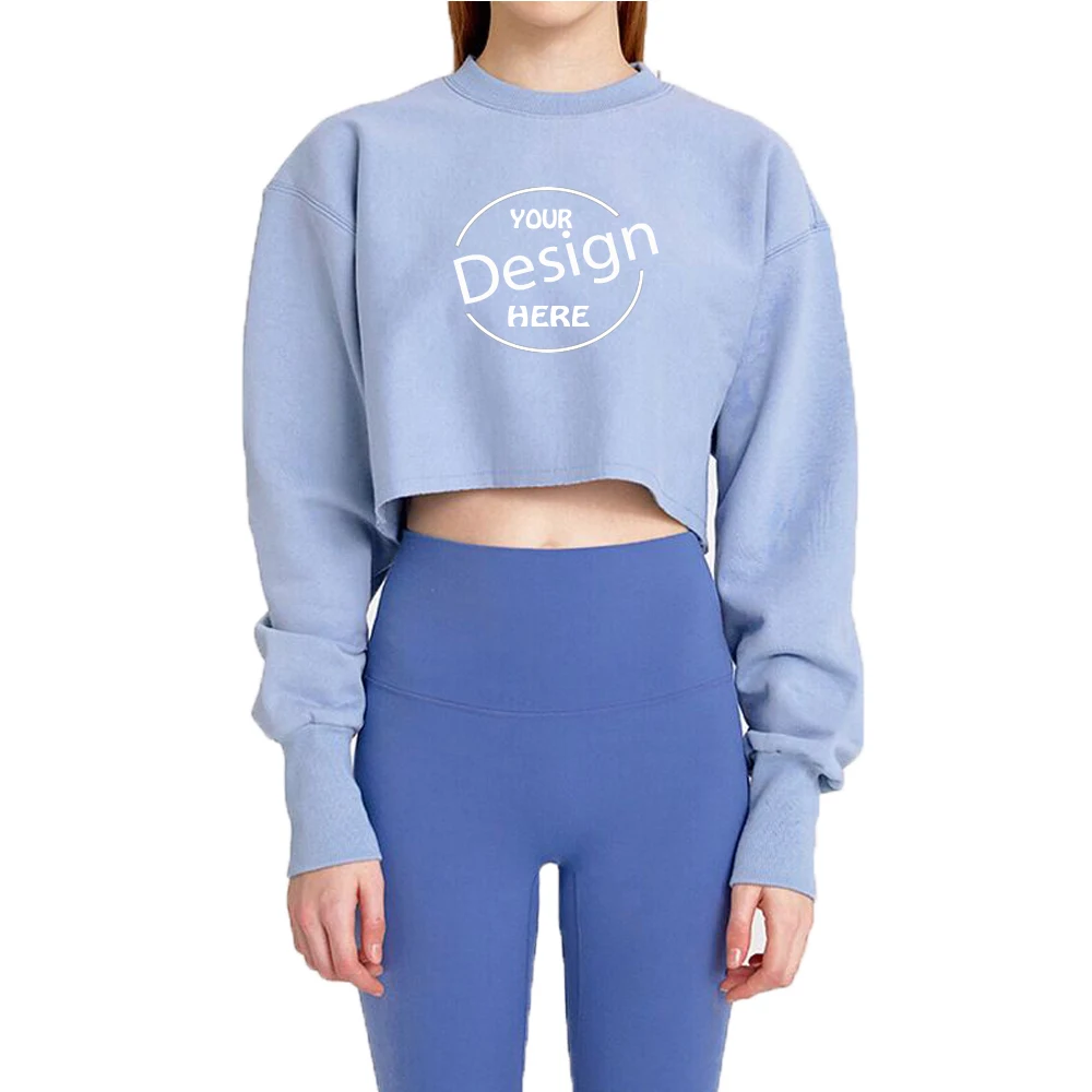  2021 fashion design cropped jumper custom logo printed blank black ladies pullover crewneck white plain crop top