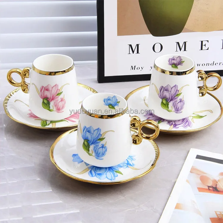 European Afternoon Tea Handmade Ceramic Gold Plated Custom Printed Design Arabic Wholesale Tea Turkish Coffee Cups And Saucers