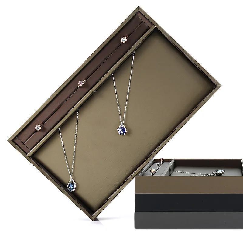 factory high quality PU leather cover wooden diamond ring earring necklace pendant jewelry display choose tray stock wholesale