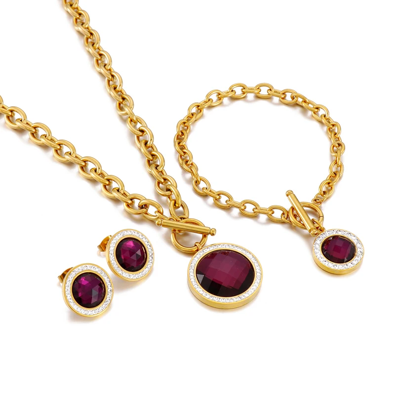 Kalen Fashion Rhinestone Blue Glass Pendant Set Gold Plated Earrings Bracelet Necklace Gift Women Stainless Steel Jewelry Sets