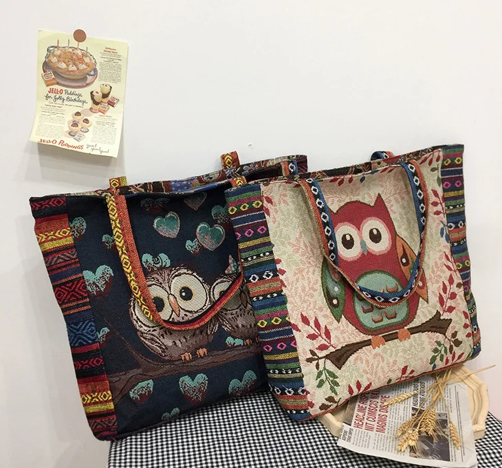 Wholesale Custom New Style Linen Shoulder Bag Yarn-Dyed Cartoon Pattern Large Capacity Handbag Recycled Tote Beach Bag