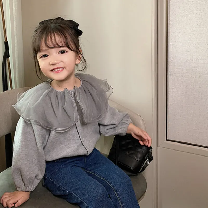 
Latest Autumn Cute Mesh Lotus Collar Baby Jacket Cardigan Long Sleeve Top Kids Children Blouse Girl Solid Color Cotton Shirts 