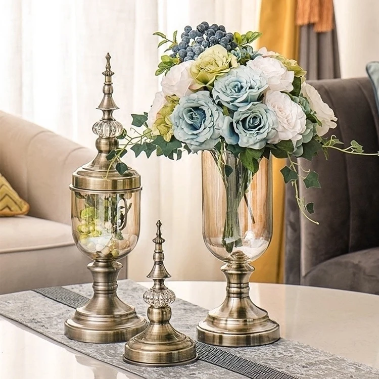 Hotselling wholesale glass vases customized metal arts gold glass flower vase for tabletop decore