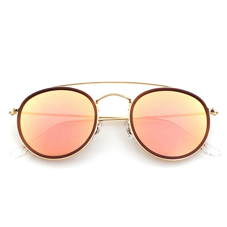 Brand Design Glass Lens Mirror Sun Glass New Double Bridge Round Sunglasses