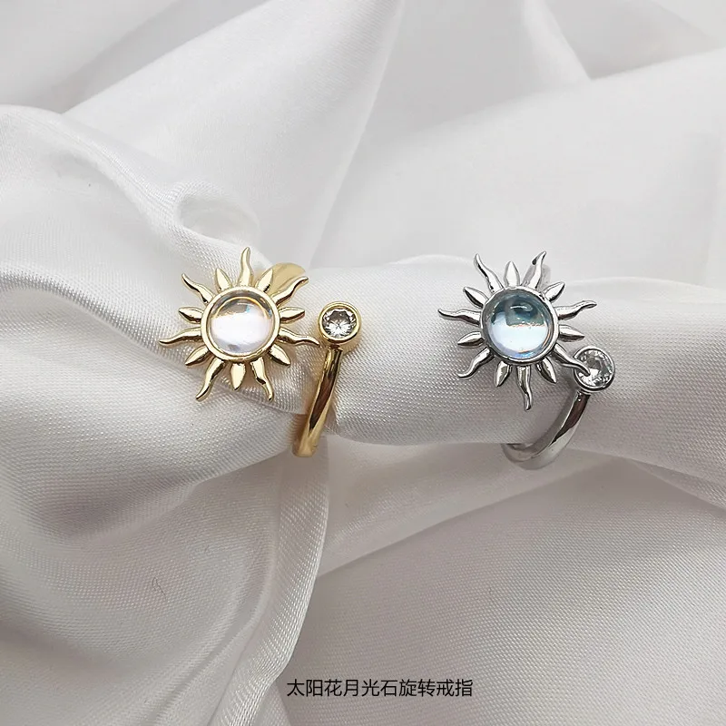 Adjustable Anxiety Rotating Rings For Women Rhinestones Opal Sunflower Fidget Finger Ring