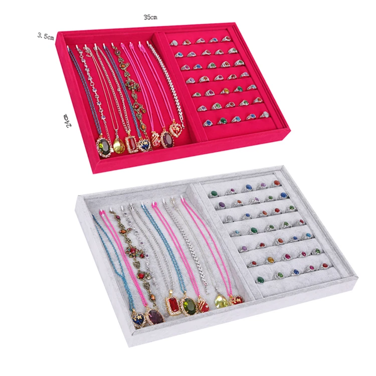 Custom logo 2 in 1 velvet flocking fabric jewelry display ring tray case display necklace box