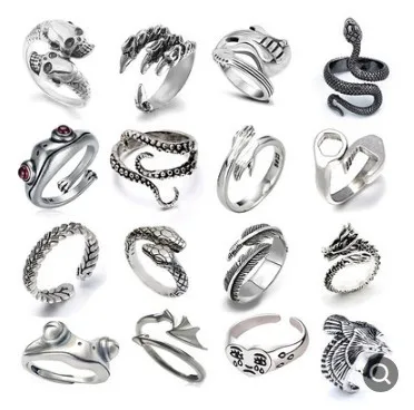 16Pcs Rings Set Vintage Punk Rings for Men Adjustable Dragon Snake Frog Skull Alloy Cool Gothic Jewelry for Men Women