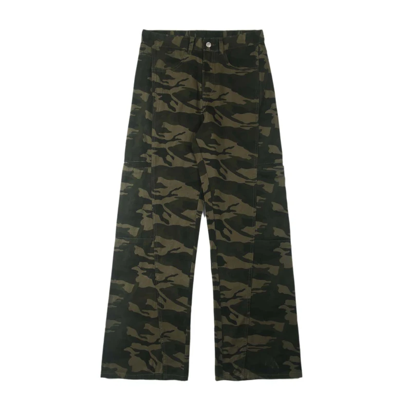 Custom Dark Green Camouflage Loose Wide Leg Pants Multiple Pockets Fashion Classic Trend Durable Men Baggy Cargo Jeans for Men