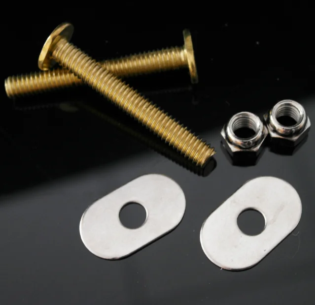 1/4*2-1/2 brass plated T-head toilet bolts , steel anorn nuts , steel retainer washers with polybag