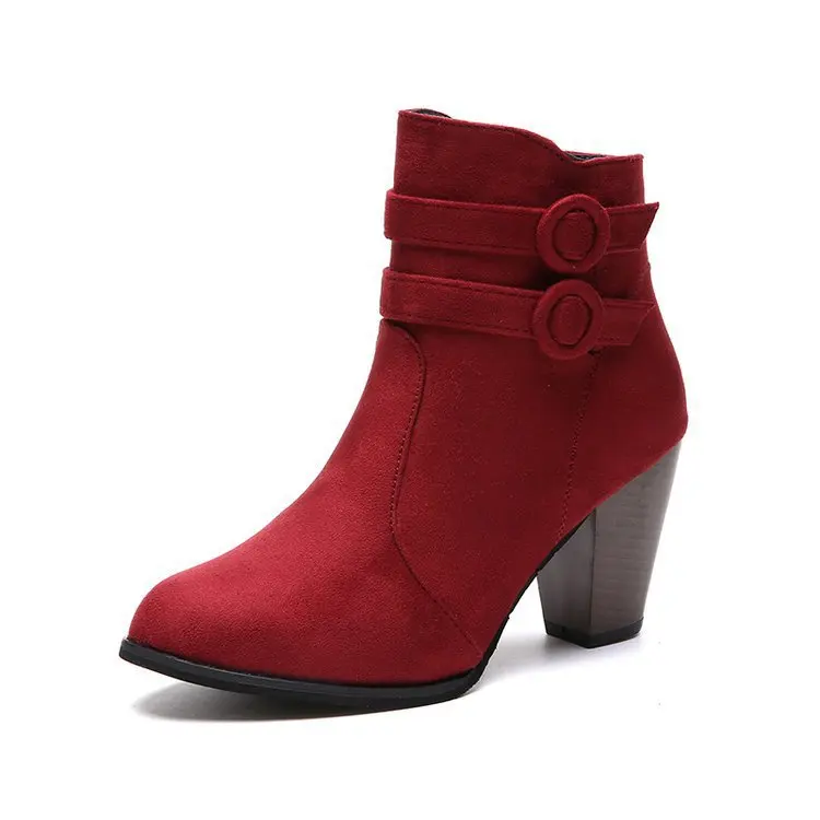 35-43 Suede short tube thick heel fashion boots Side zipper plush middle heel boots Pointed buckle fashion boots
