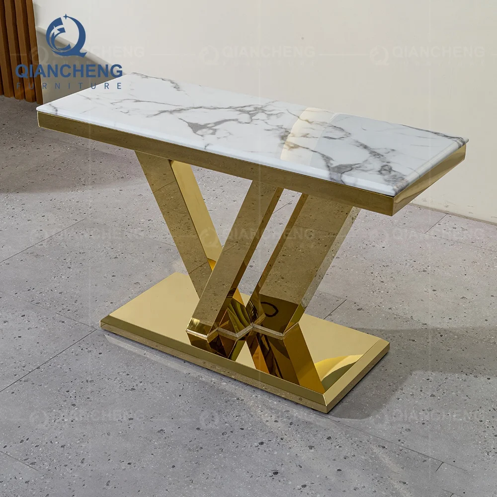 QIANCHENG foshan home furniture suppliers golden stainless steel hall entryway table nordic hallway console tables