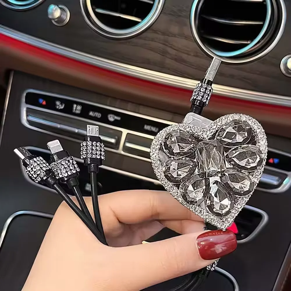 Bling Diamond Love Heart USB Cable for IPhone Charger Fast Wire Charging Cable for Android Phone Type C Xiaomi Huawei Samsung