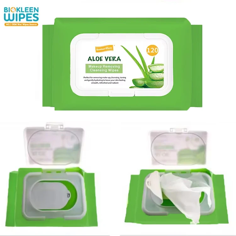 Biokleen OEM 120 pcs Private Label Aloe Vitamin E Face Cleansing Wipes Gentle Facial Cleansing Makeup Remover Wet Wipes