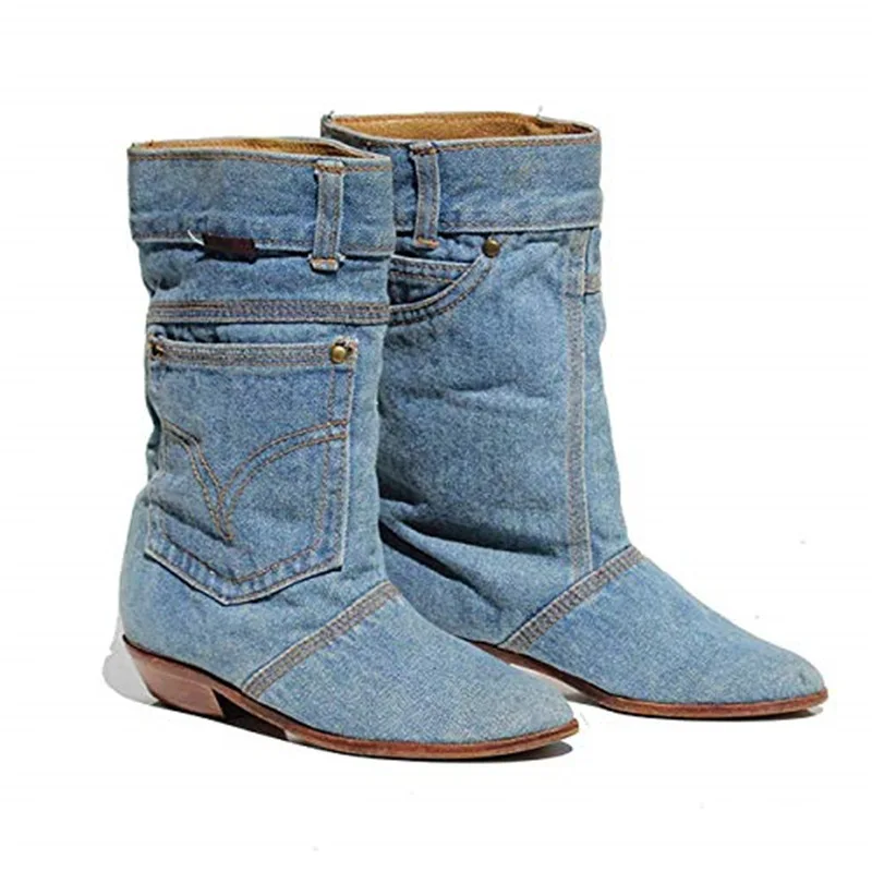 2023 New Design Fashionable Women Cute Casual Blue Denim Boots Ankle Winter Low Heel Boots For Women