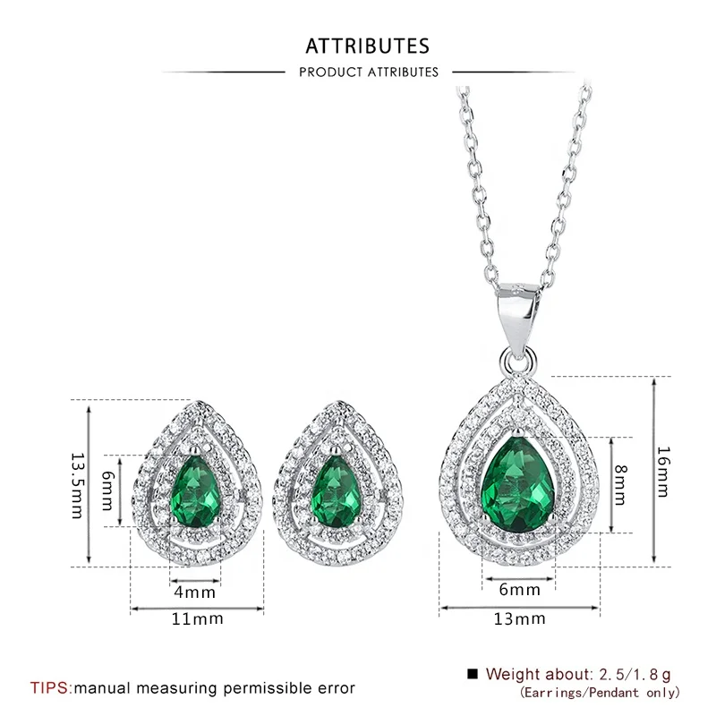  Custom 925 Sterling Silver Set pear Emerald Pendant Earrings Jewelry Wedding and wedding supplies